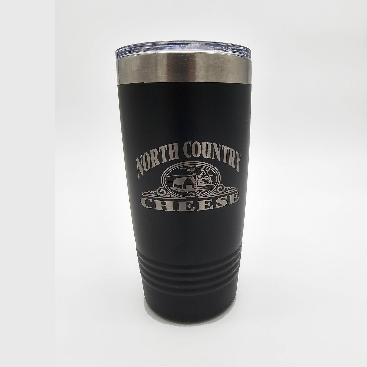 North Country Cheese 20 oz black insulated tumbler with engraved logo