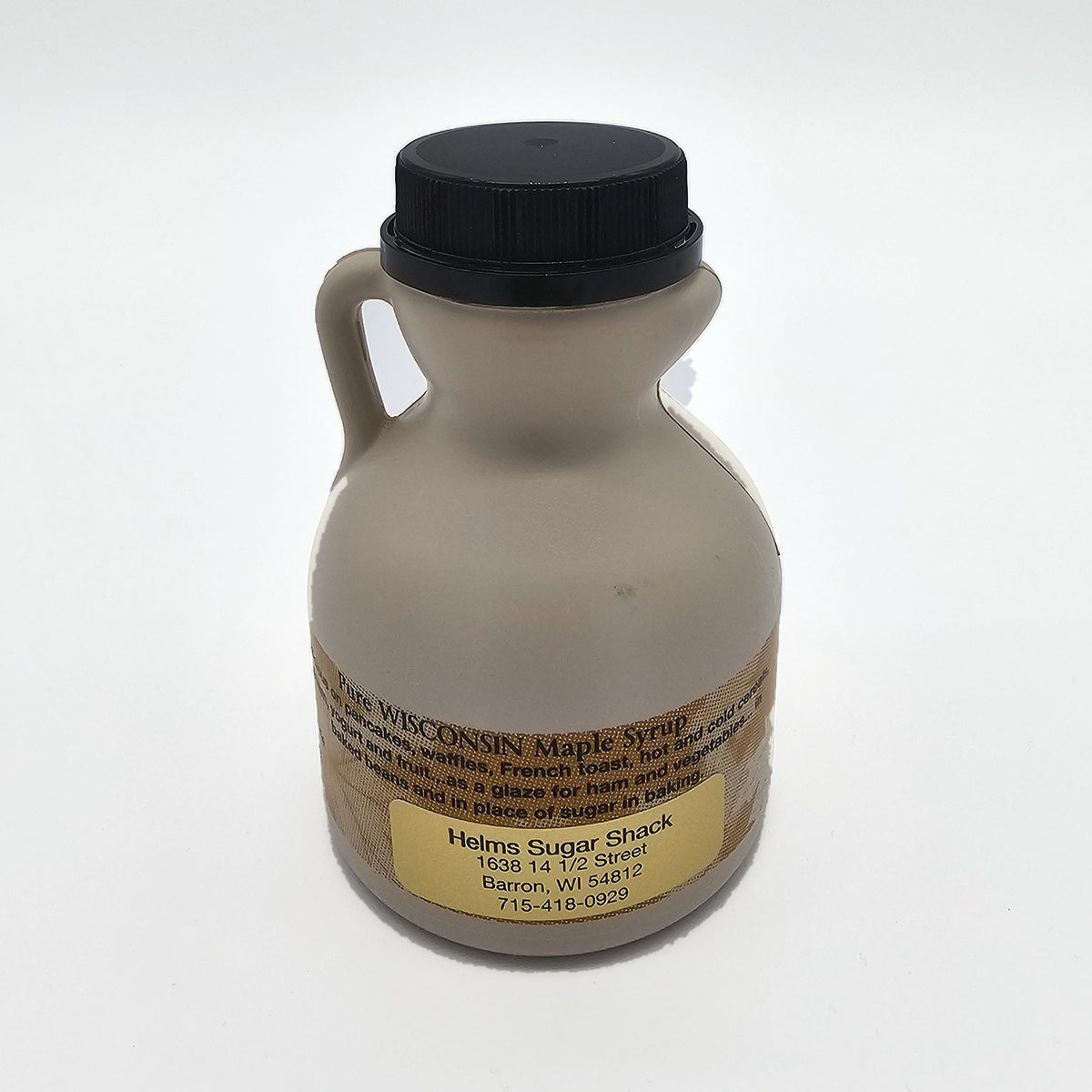 8 oz maple syrup jug, back label with serving ideas